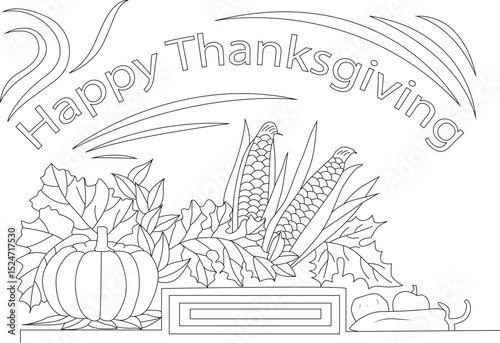 Happy Thanksgiving Coloring Page Outline, A black and white outline drawing for a coloring page featuring the text Happy Thanksgiving above a festive harvest arrangement. The illustration includes a 