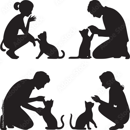 Silhouettes of people interacting with cats in various poses on a white background art design