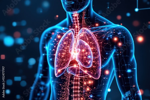 Digital illustration of human lungs with intricate network of connections and data visualizations photo