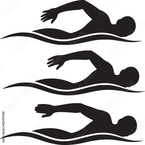 Three swimmers in black silhouette performing the freestyle stroke in a white background illustration