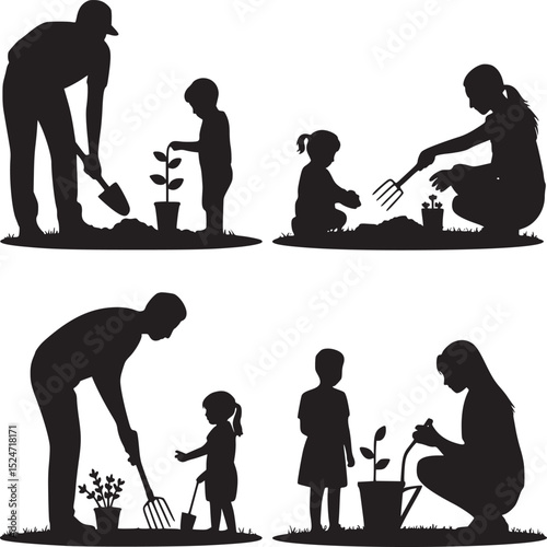 Silhouettes of families gardening with parents and children planting and tending to plants together outdoors