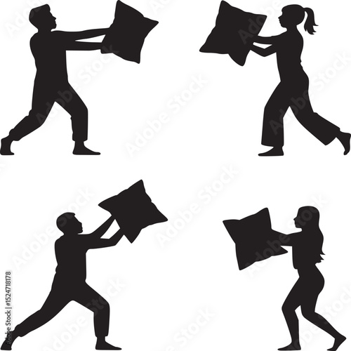 Four silhouettes of people engaged in a pillow fight on a white background in a square format