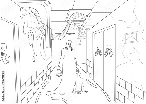 Haunted House Hallway Illustration, Black and white line art illustration depicting a spooky hallway inside a haunted house. A ghostly figure holding a skull stands next to a small crawling 
