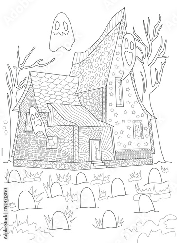 Detailed Haunted House and Cemetery Coloring Page, Black and white line art illustration of a spooky haunted house with creepy trees, flying ghosts, and a graveyard in the foreground. Ideal as a 