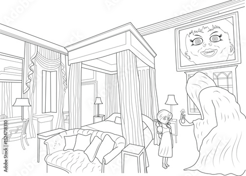 Girl Meets Ghost in Haunted Bedroom Coloring Page, Line art illustration of a young girl encountering a ghostly figure in a spooky bedroom with a creepy doll picture on the wall, suitable for a 
