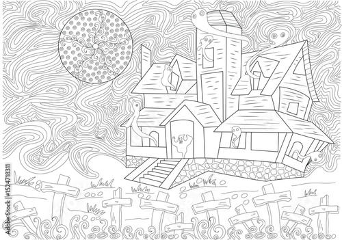Spooky Haunted House with Ghosts Line Art, Detailed black and white line art illustration featuring a mysterious haunted house on a hill, surrounded by gravestones and flying ghosts under a 