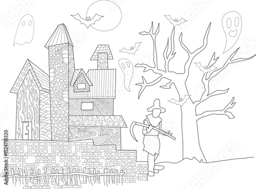 Spooky Haunted House Halloween Line Art Illustration, Line art illustration depicting a spooky haunted house scene under a full moon, complete with flying bats, eerie ghosts, a gnarled dead tree, 