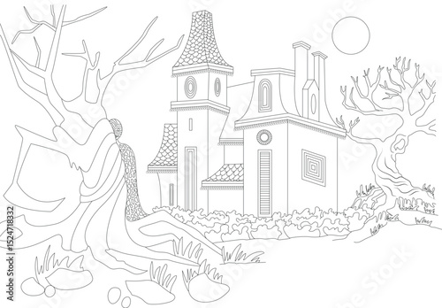 Haunted House Line Art Illustration, Black and white line drawing illustration of a spooky old haunted house with creepy trees and surrounding landscape under a moonlit sky. Ideal for Halloween, 