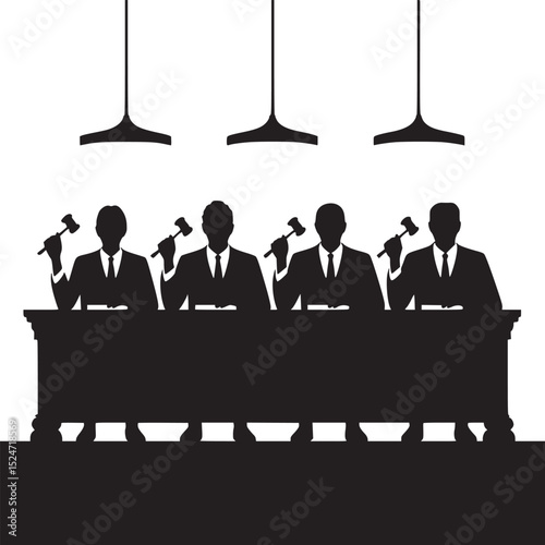 Silhouette illustration of four judges holding gavels behind a desk under hanging lights