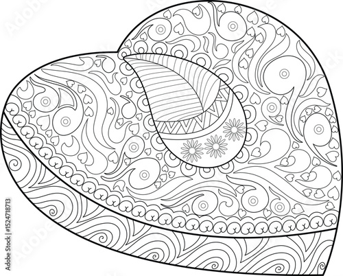 Ornate Heart Line Drawing for Coloring, Intricate black and white line art illustration of a heart shape adorned with detailed patterns including paisley, hearts, swirls, and flowers, perfect for 