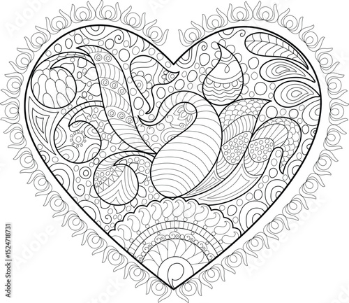 Intricate Patterned Heart Coloring Page, A detailed black and white line art illustration of a heart shape filled with complex and decorative zentangle-style patterns. This intricate design is 