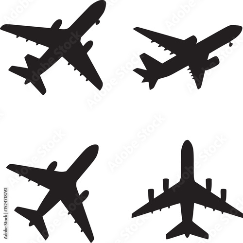 Four black airplane silhouettes in various flight positions on a white background illustration design