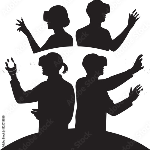 Four silhouettes of people using virtual reality headsets on a blue background with interface elements