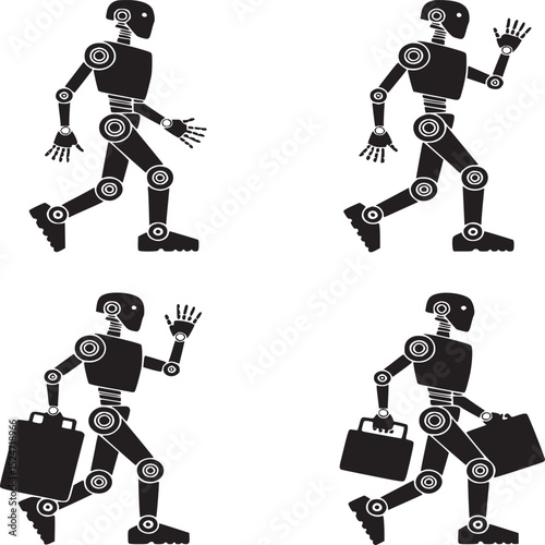 Four black and white robot illustrations in different poses on a white background pattern design