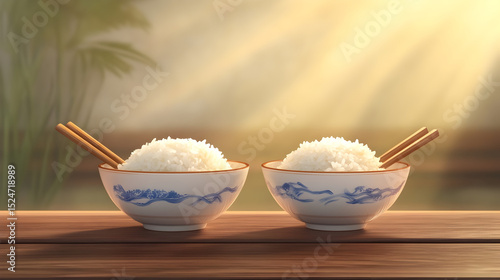 dos platos o tazones de arroz blanco natural y organico alimentacion saludable para una dieta saludable comida vegetariana sobre una mesa de madera  con espacio de copia 