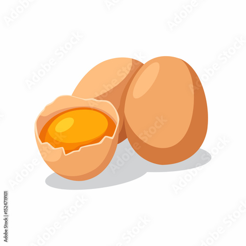 brown eggs, one cracked open revealing a bright yellow yolk.