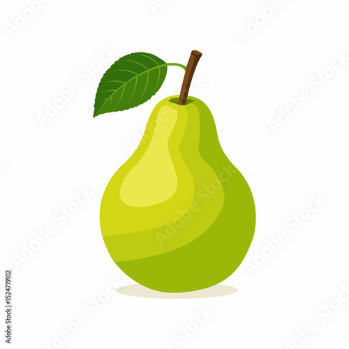  A vibrant green pear with a single leaf and stem, ripe and fresh.
