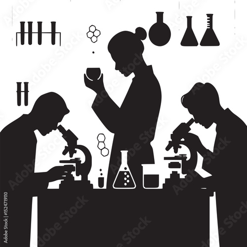 Silhouetted scientists in a lab with beakers test tubes and microscopes doing research and experiments