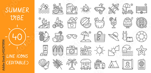 40 summer-themed line icons featuring vacation, beach, travel, outdoor activities, and tropical vibes. Perfect for web, mobile apps, planners, and infographics.