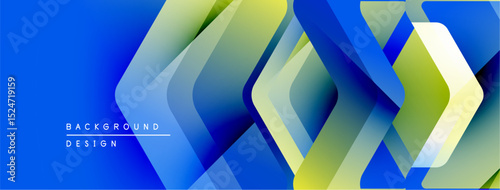 Abstract geometric shapes overlap, creating vibrant blue, green gradients. Modern design suggests technology, innovation, dynamic visuals.