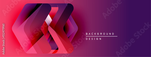 Abstract geometric shapes overlap, creating dynamic visual effect. Gradient background transitions from red to purple hues. Modern design element.