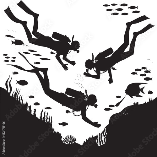 Silhouette illustration of three scuba divers exploring underwater with fish and coral reefs