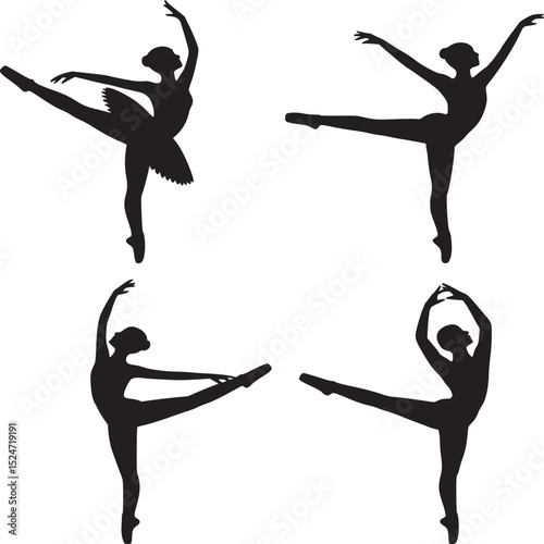 Four ballet dancer silhouettes in various poses against a white background in a square arrangement