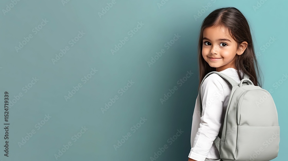 Cheerful small Indian schoolgirl is looking over her shoulder while holding her backpack, empty space Cheerful small Indian schoolgirl is looking over her shoulder while holding her backpack, empty space