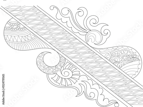 Intricate Henna Design Line Art, Detailed black and white line art illustration of a traditional henna or mehndi design featuring paisley elements, swirls, geometric patterns, and decorative motifs. 