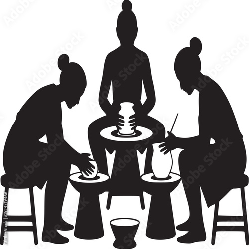Three people silhouetted working with pottery wheels and clay in a studio setting on stools and tables