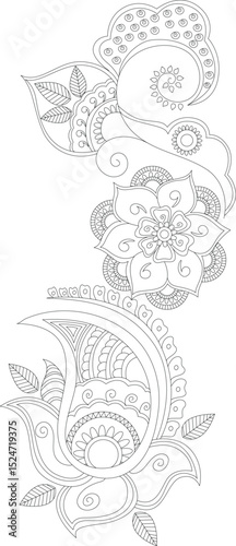 Intricate Black and White Henna Design Element, A detailed line art illustration featuring traditional Indian and Middle Eastern henna motifs, including floral patterns, paisley shapes, swirls, and 