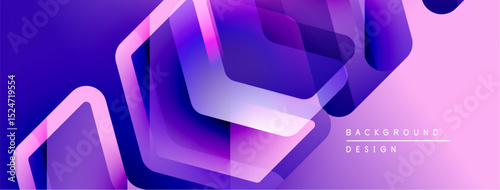 Abstract purple background features overlapping geometric shapes. Modern design utilizes gradients, creating dynamic visual effect.