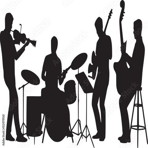Silhouette of a band performing with violin drums trumpet and bass on a white background stage