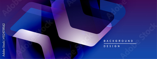 Abstract geometric shapes overlap, creating vibrant blue, purple gradients. Modern design suggests technology, innovation, digital art.