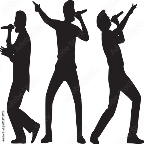 Three silhouettes of male singers performing with microphones on a white background stage show