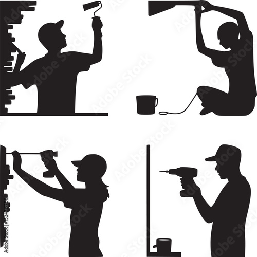 Silhouettes of people painting and drilling walls in a four panel black and white illustration