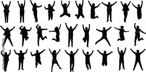 Jumping people silhouettes vector, joyful motion, black isolated human figures, team celebration, active lifestyle, business success, happiness, freedom expression