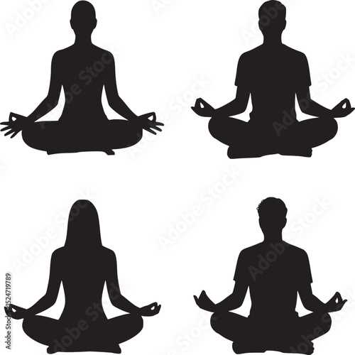 Four silhouettes of people in lotus position meditating against a white background in a grid layout