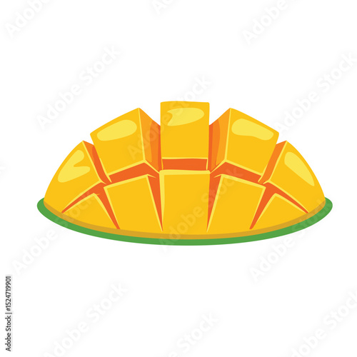 A stylized cartoon illustration shows a halfsliced mango with a green rind The flesh is segmented into uniform cubes