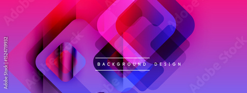 Abstract geometric shapes overlap, creating vibrant purple, pink, blue gradients. Text reads background design centrally positioned.