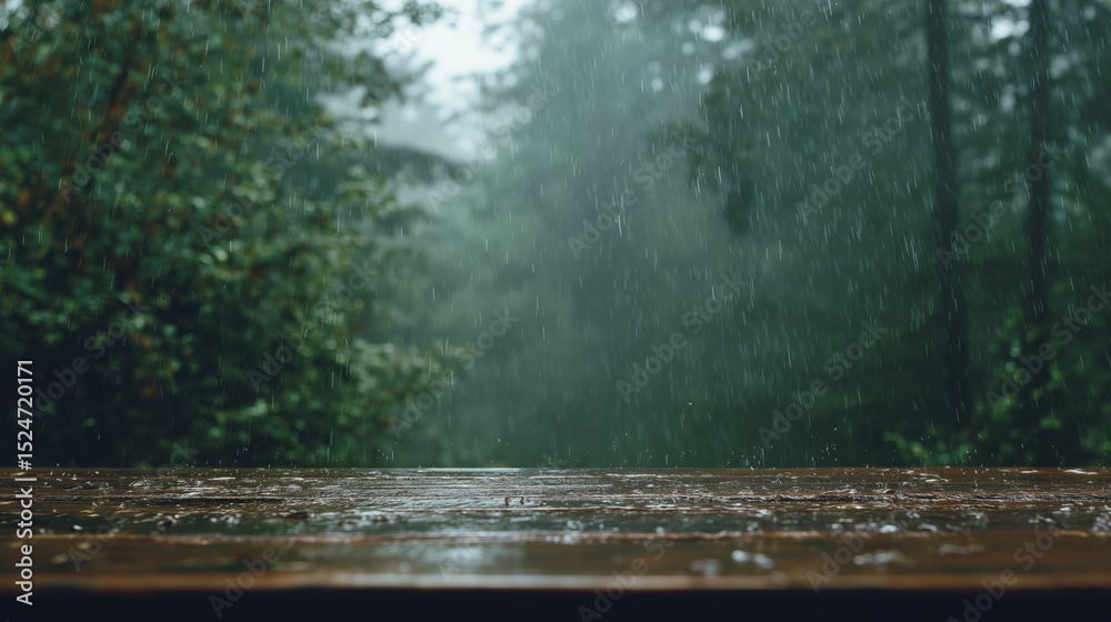 Fototapeta premium A natural scene of rainfall hitting a wet wooden surface in the foreground, with raindrops visibly falling against a soft-focused background of dense green forest.