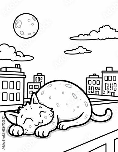 A calm cartoon cat sleeping on a rooftop with a starry sky and moonlit city behind. Peaceful night scene in bold line art for children to color.