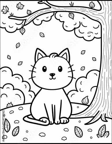  A cute cartoon cat sitting peacefully under a tree with falling leaves in an autumn park. Fun and cozy coloring page with bold line art for kids