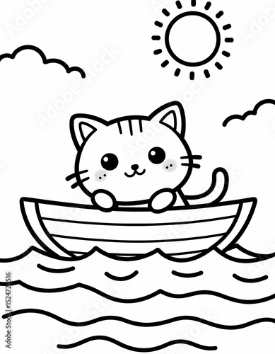  A happy cartoon cat sailing a small boat on ocean waves with the sun shining. Creative line art coloring page with bold outlines for kids.