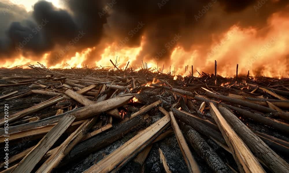 Burning logs and fire with heavy smoke