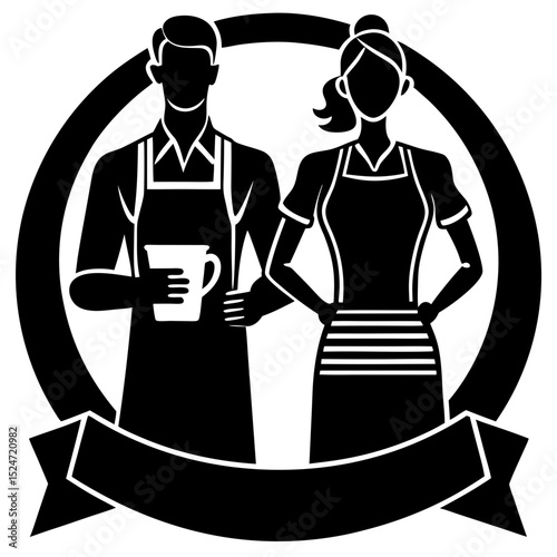 Man and woman in aprons inside circle with banner vector illustration