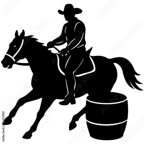 Silhouette of a cowboy riding a horse around a barrel in a rodeo event
