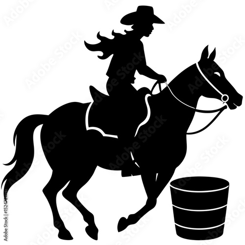 Silhouette of a cowgirl riding a horse around a barrel in a rodeo event