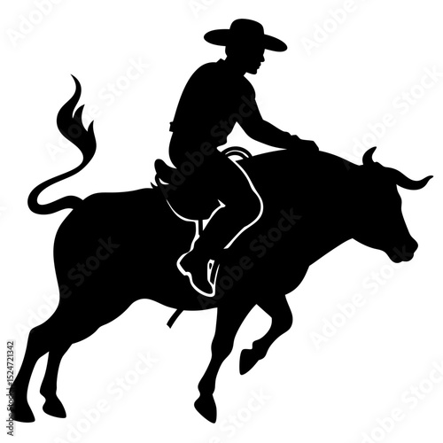 Silhouette of a cowboy riding a bull in a rodeo style black and white art