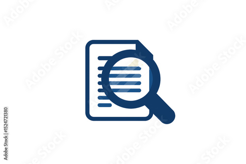 a simple flat 2d icon representing 'due diligence', with a simple document icon being examined by a large magnifying glass, minimalist design, solid blue and gray colors, clean sharp lines